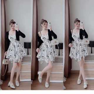 Set đầm 2 dây hoa trắng đen nhún kèm áo khoác