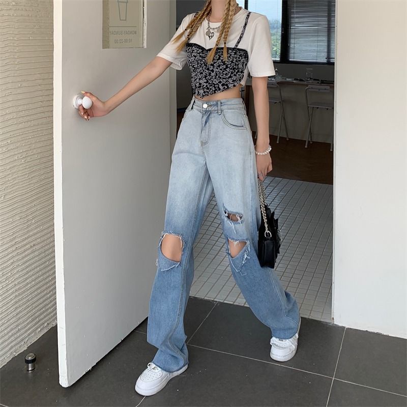 Quần Jeans Dài Lưng Cao Ống Rộng Phối Vết Rách Màu Sắc Vintage Cho Nữ