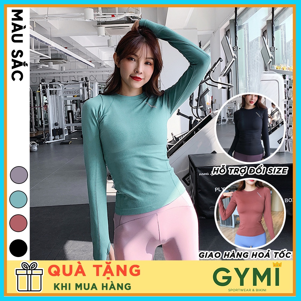 Áo tập gym yoga nữ dài tay GYMI AD10 dáng dài thể thao phủ bụng chất dệt kim logo Neverstop