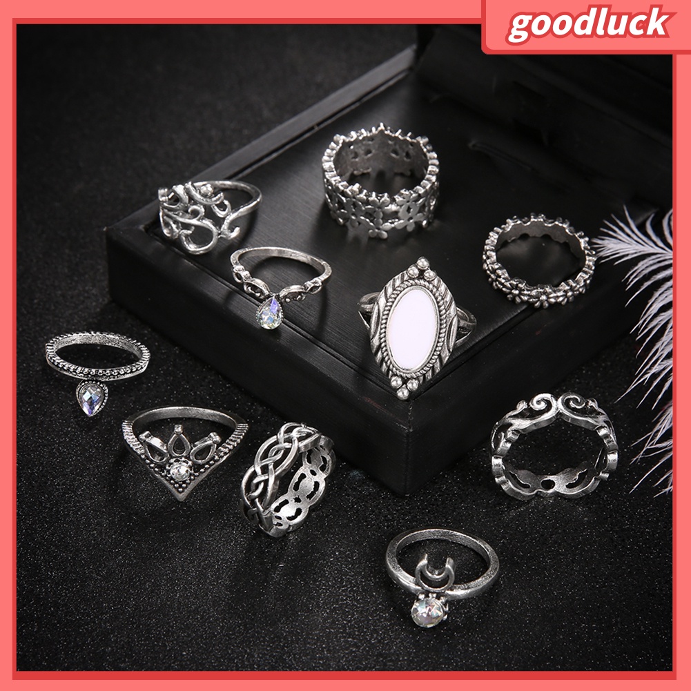 Bộ 10 nhẫn đeo đốt ngón tay đính đá mắt mèo giả thời trang cho nữ