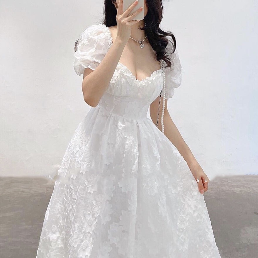 ĐẦM MIDI HOA NỔI VIỀN BÈO NGỰC TRẮNG - DA2598