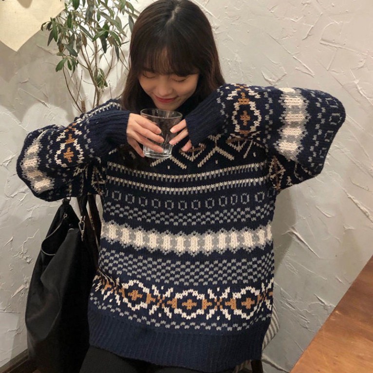 Áo len nữ form rộng dài tay dáng dài họa tiết kẻ caro to kiểu dáng ulzzang cổ tròn hàn quốc LADY QUẢNG CHÂU | BigBuy360 - bigbuy360.vn