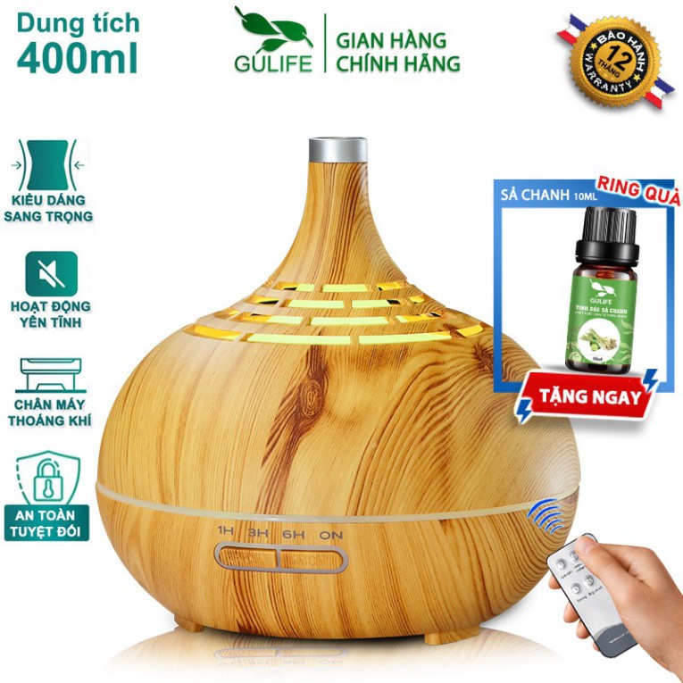 ✅ Máy Xông Tinh Dầu Phun Sương Tạo Độ Ẩm Cổ Cao Lỗ GULIFE Có Remote Dung Tích 400ml - Tặng Tinh Dầu 10ml - MKT46