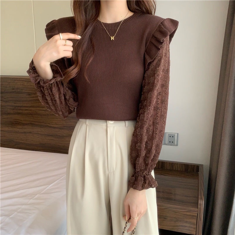 Áo len tăm bèo vai phối tay ren sang chảnh