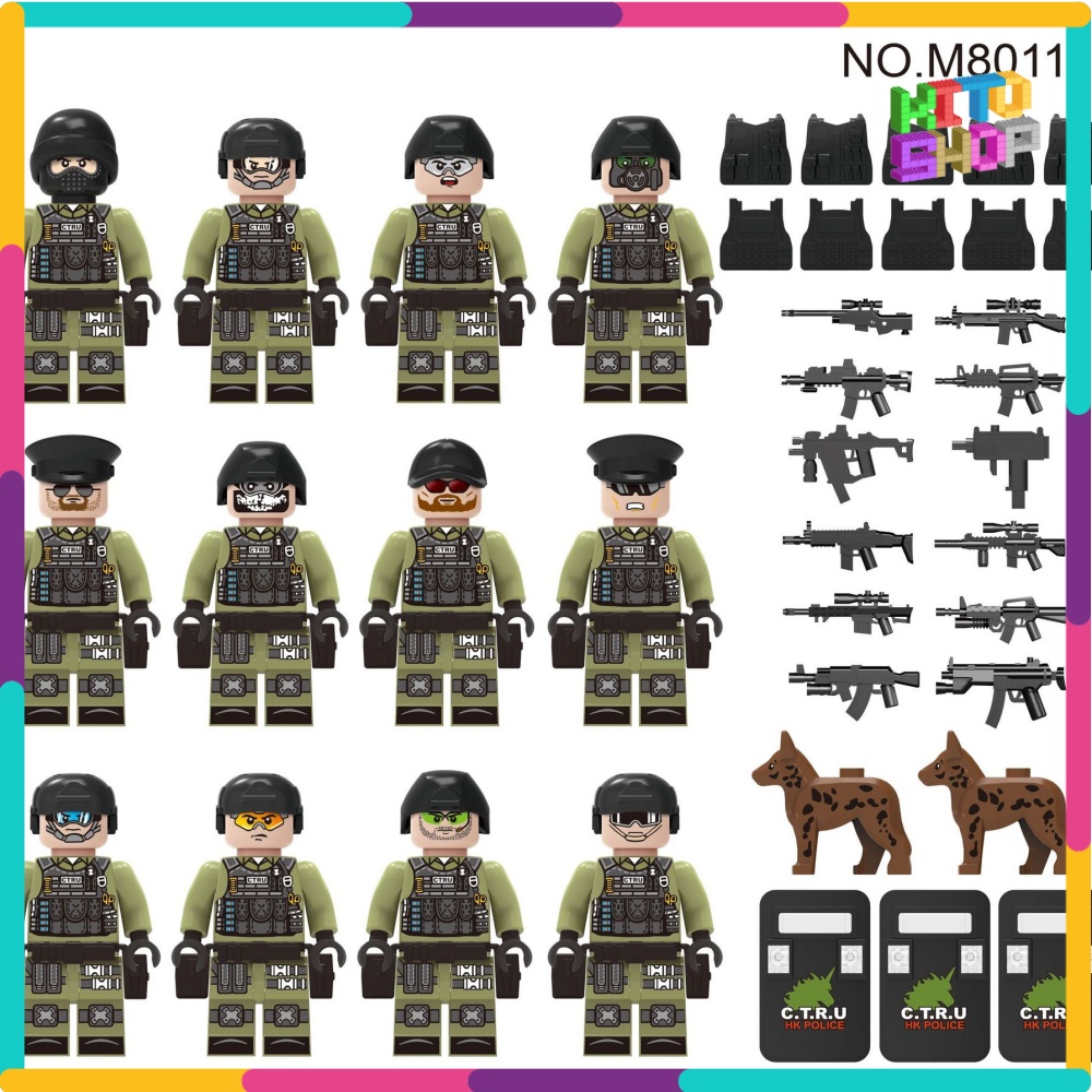Đồ Chơi Xếp Hình Lắp Ráp Minifigures Quân Đội Cảnh Sát Swat Combo 12 Lính Có Giáp Trang Bị Và Chó Nghiệp Vụ M8011