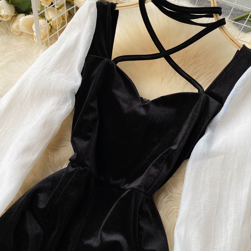 Váy Nhung Dự Tiệc Phối Tay Dây Đai Cổ Hàng Thiết Kế Tôn Dáng Sang Trọng | BigBuy360 - bigbuy360.vn