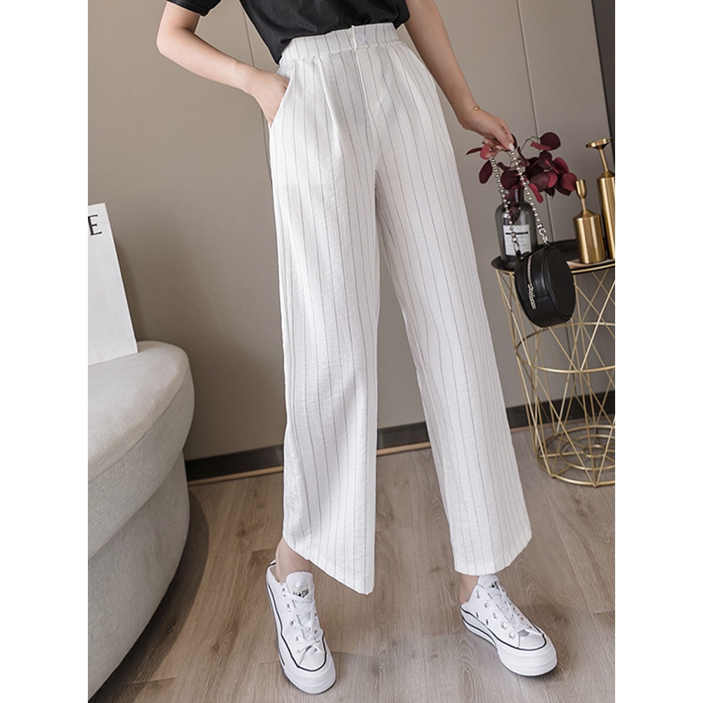 Quần dài vải cotton lanh mỏng form rộng dáng suông kẻ sọc dễ thương | BigBuy360 - bigbuy360.vn