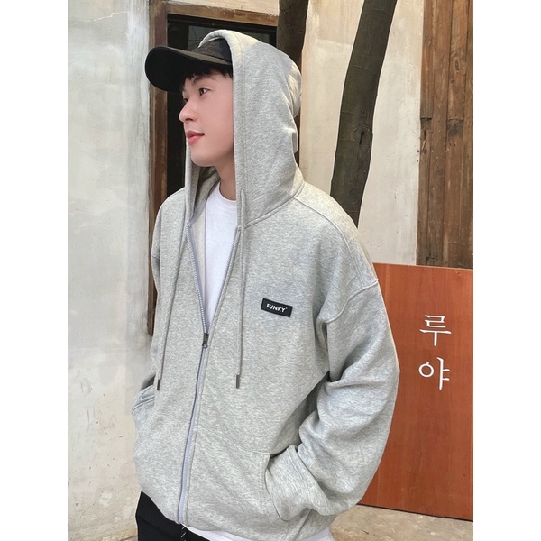 ÁO KHOÁC HOODIE ZIP NAM NỮ MŨ RỘNG FORM RỘNG UNISEX MÀU GREY XÁM FUNKY