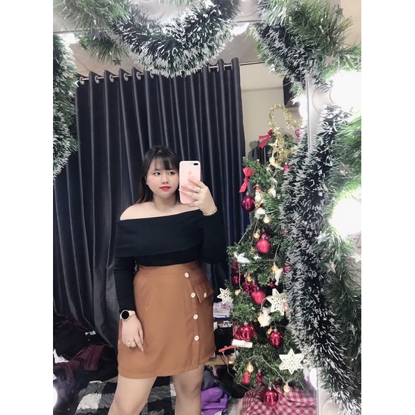 Set Áo trễ vai+ Chân váy nút