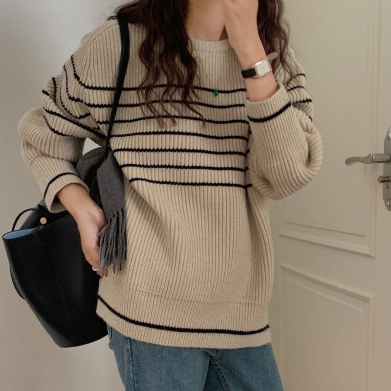 Áo Len Nữ Dài Tay Cổ Tròn Sọc Ngang Thời Trang Hàn