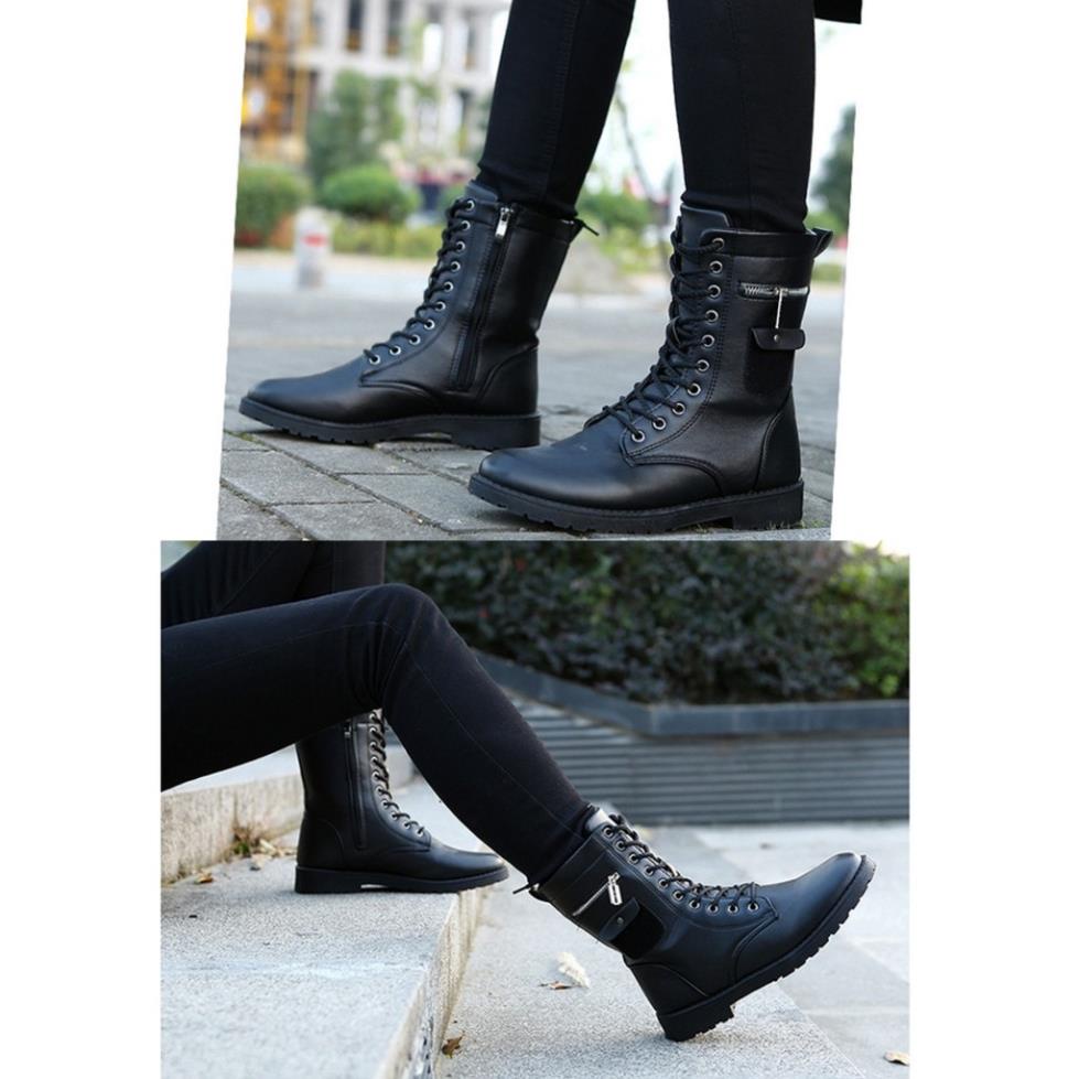 Giày boot nam combat nam dây kéo ngang, buộc dây, dây kéo, ống cao, cá tính, phong cách lính SM003