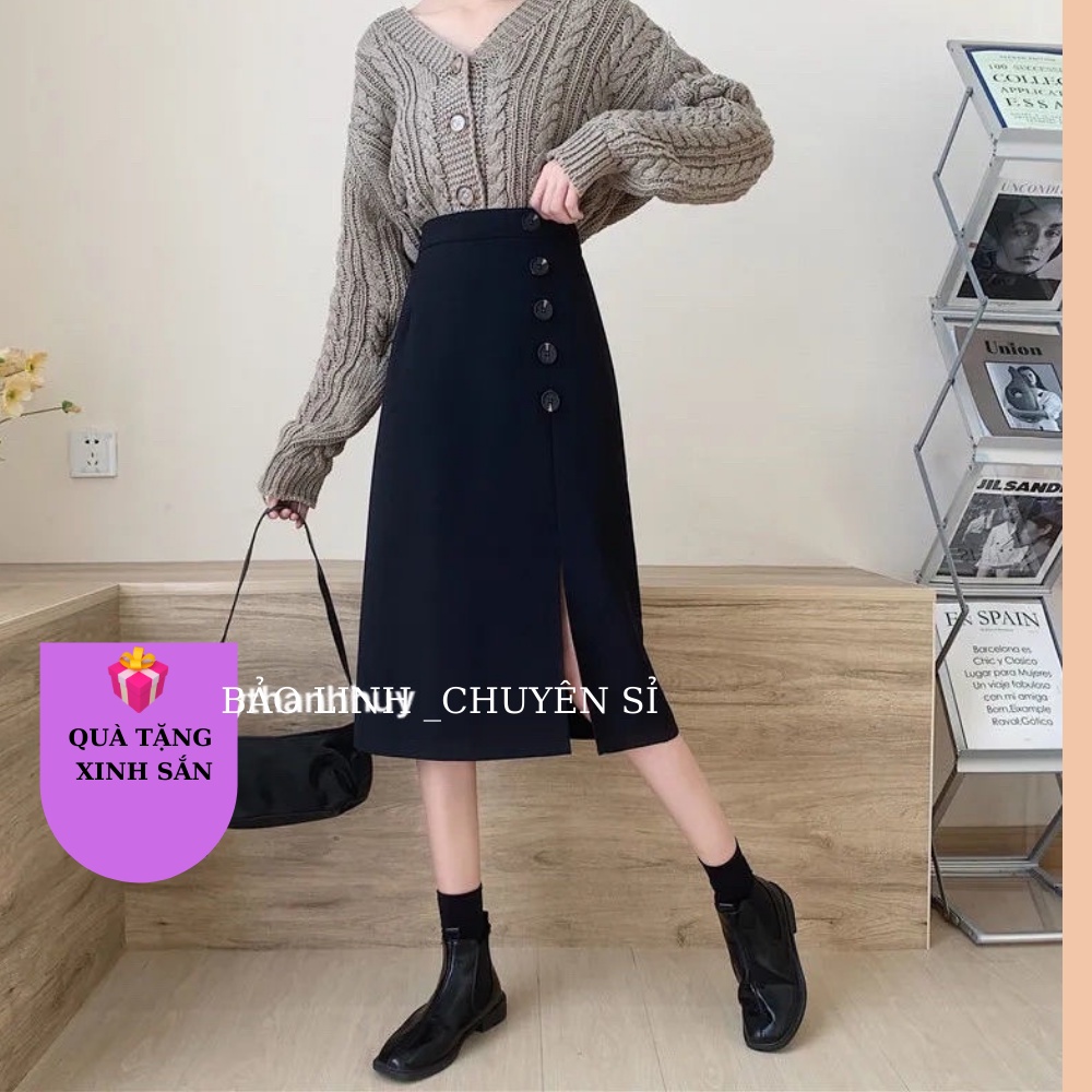 Chân Váy Dài Qua Gối Dáng Chữ A Xẻ Cạnh Phong Cách Hàn Quốc Phối 5 Cúc Trẻ Trung