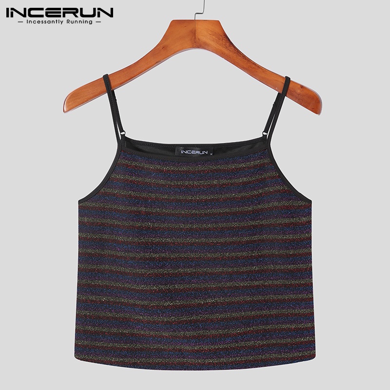 Áo kiểu INCERUN hai dây ôm dáng vừa vặn họa tiết kim sa/ kẻ sọc thời trang mùa hè dành cho nam