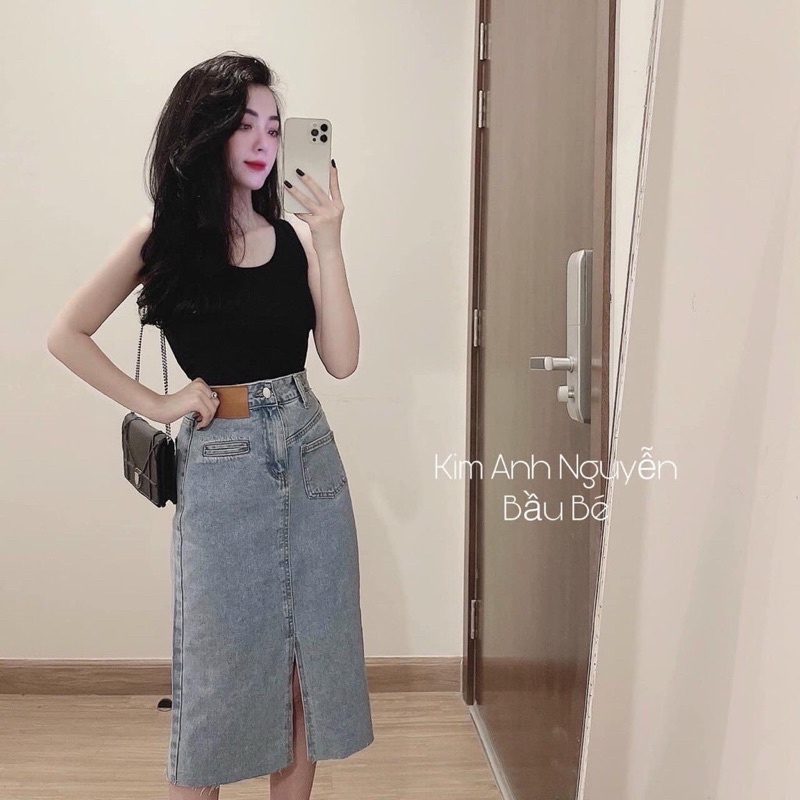 Chân váy bò dáng dài xẻ tà phối túi lệch(ảnh thật)