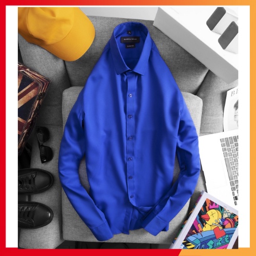 Sơ mi nam xanh cotton lụa trơn cao cấp | BigBuy360 - bigbuy360.vn