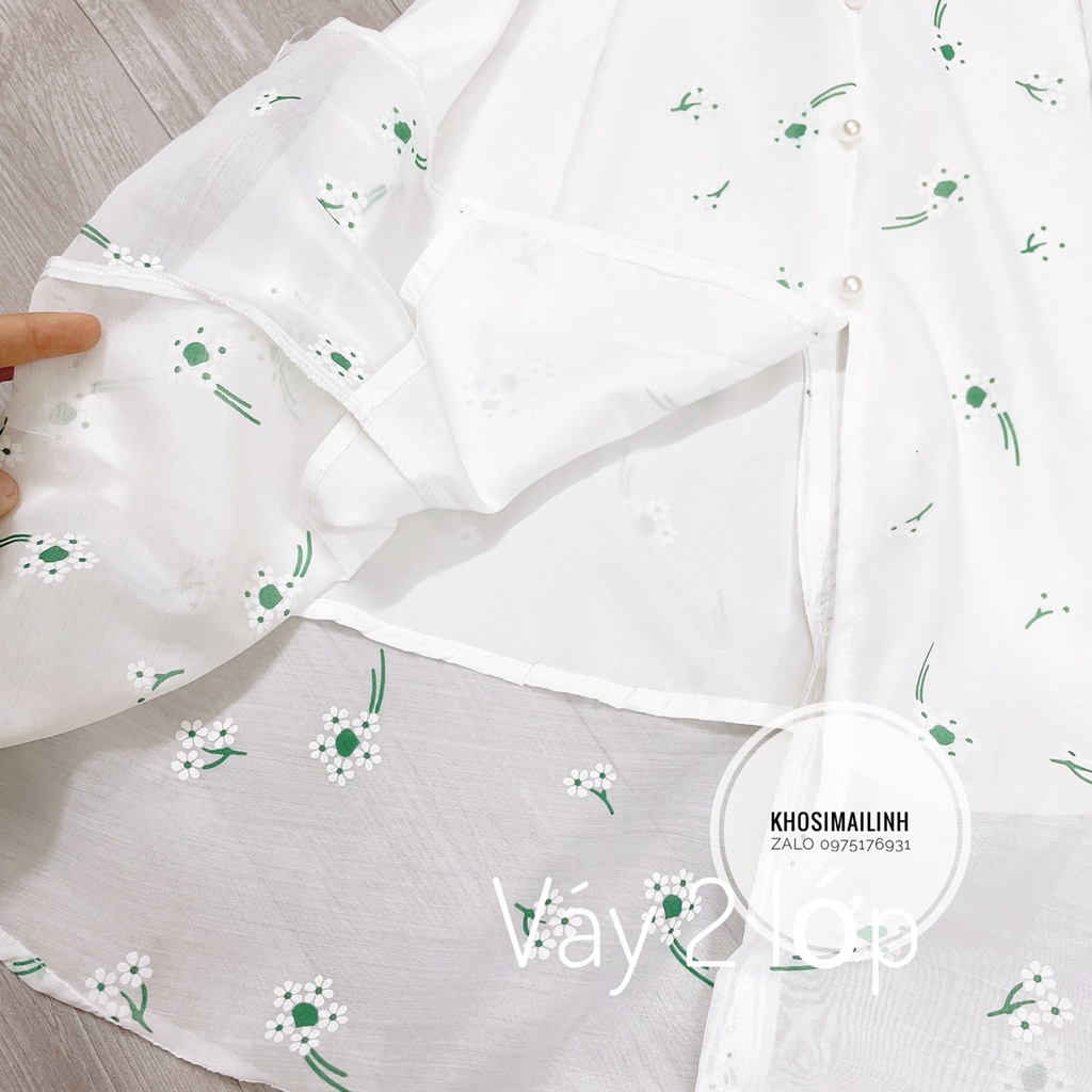 ✨BÁN SỈ✨Đầm voan trắng hoa xanh 2 lớp nhún ngực 2 lớp