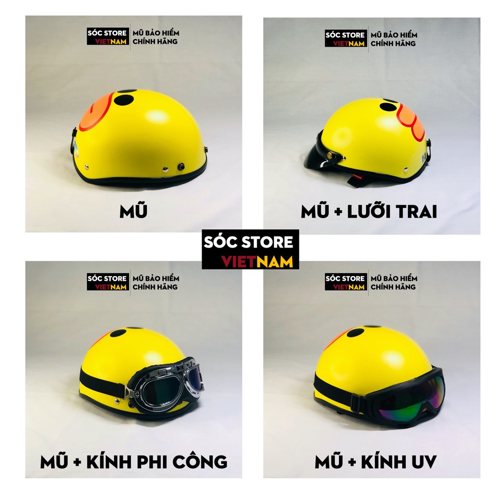 Mũ bảo hiểm nửa đầu chính hãng in hình Vịt vàng Sóc Store, nón bảo hiểm nam nữ 1 phần 2, kèm kính UV, kính phi công