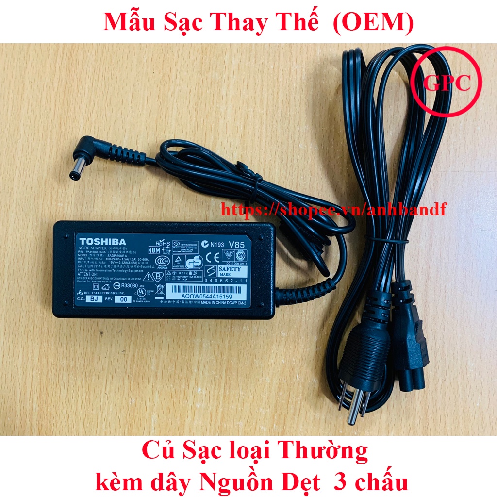 SẠC LAPTOP TOSHIBA 19V–3.42A - 65W (ADAPTER TOSHIBA) chân sạc 5.5*2.5mm