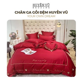 Bộ chăn ga gối CottonSateen đỏ tim chuông-CHĂN GA GỐI ĐỆM HUYỀN VŨ