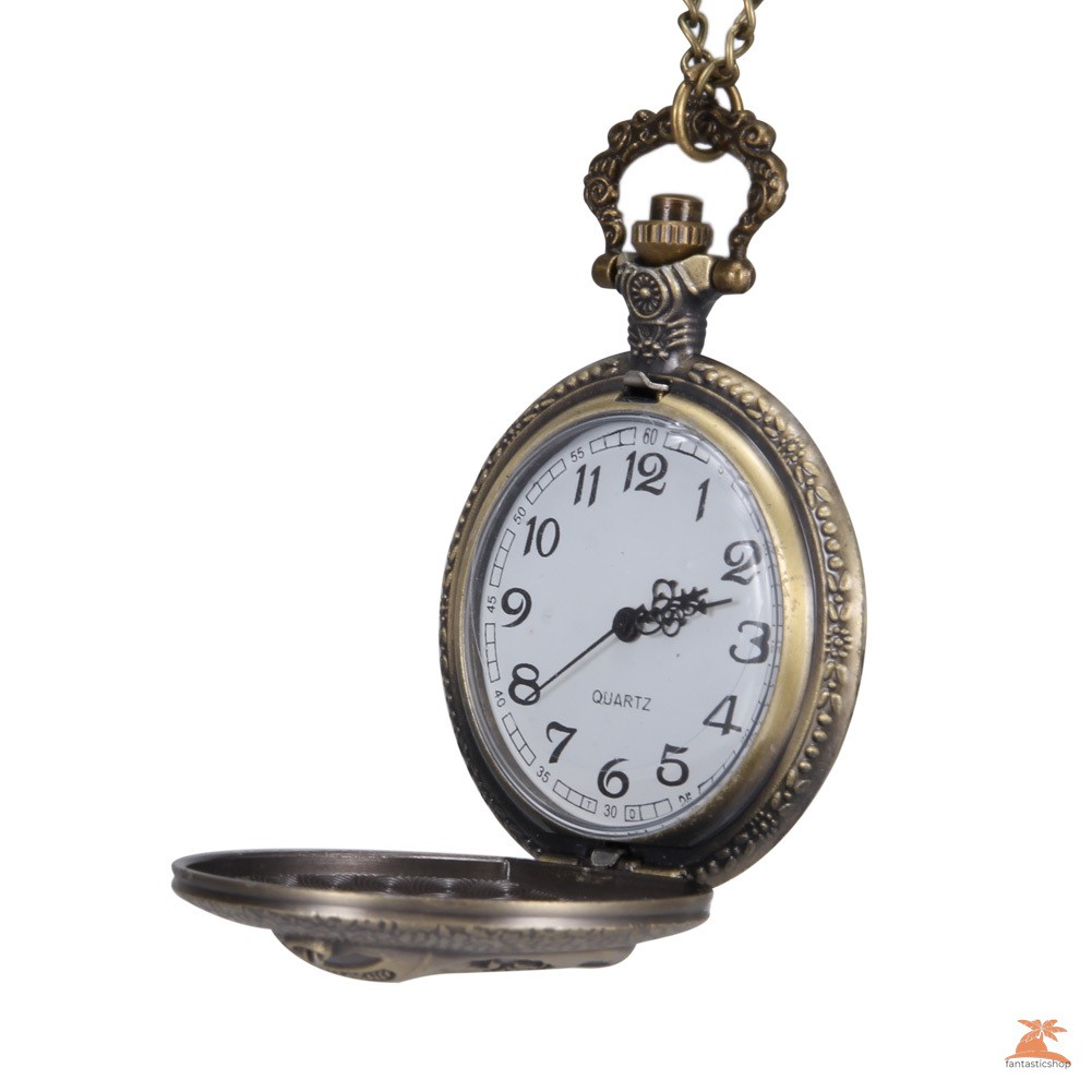 #Đồng hồ bỏ túi# 1pc Men Women Quartz Pocket Watch Bell Pattern Carved Case with Chain