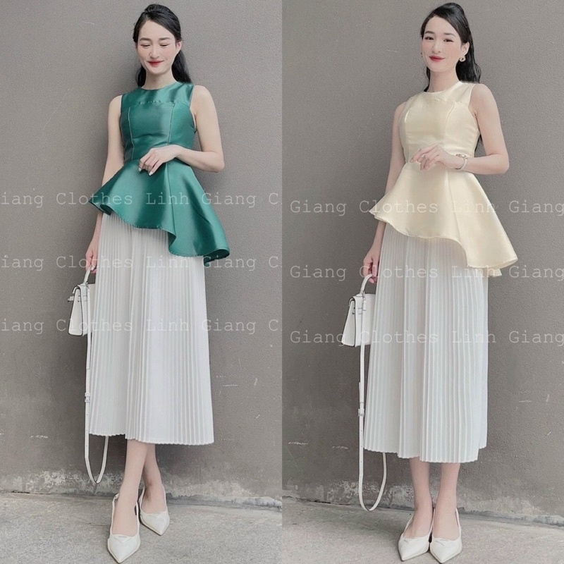Set áo kiểu tafta vạt chéo vàng/xanh lá kèm chân váy dài dập/xếp ly trắng đầm đi chơi dạo phố dự tiệc sang trọng kín đáo