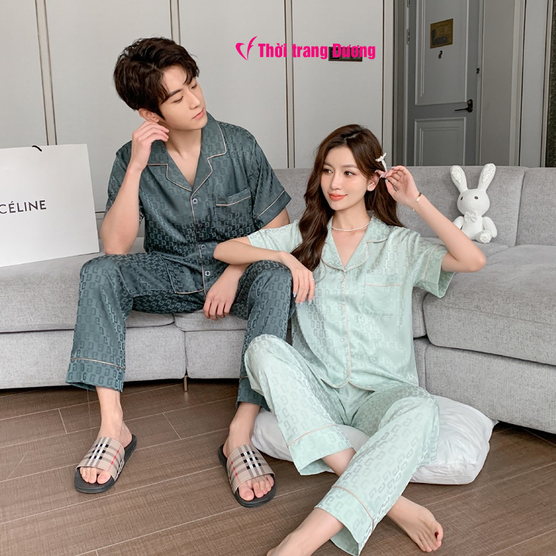 NG2255 Bộ pyjama đôi nam nữ ngắn tay phối họa tiết lụa Satin mềm mại, thoáng mát - Thời Trang Dương