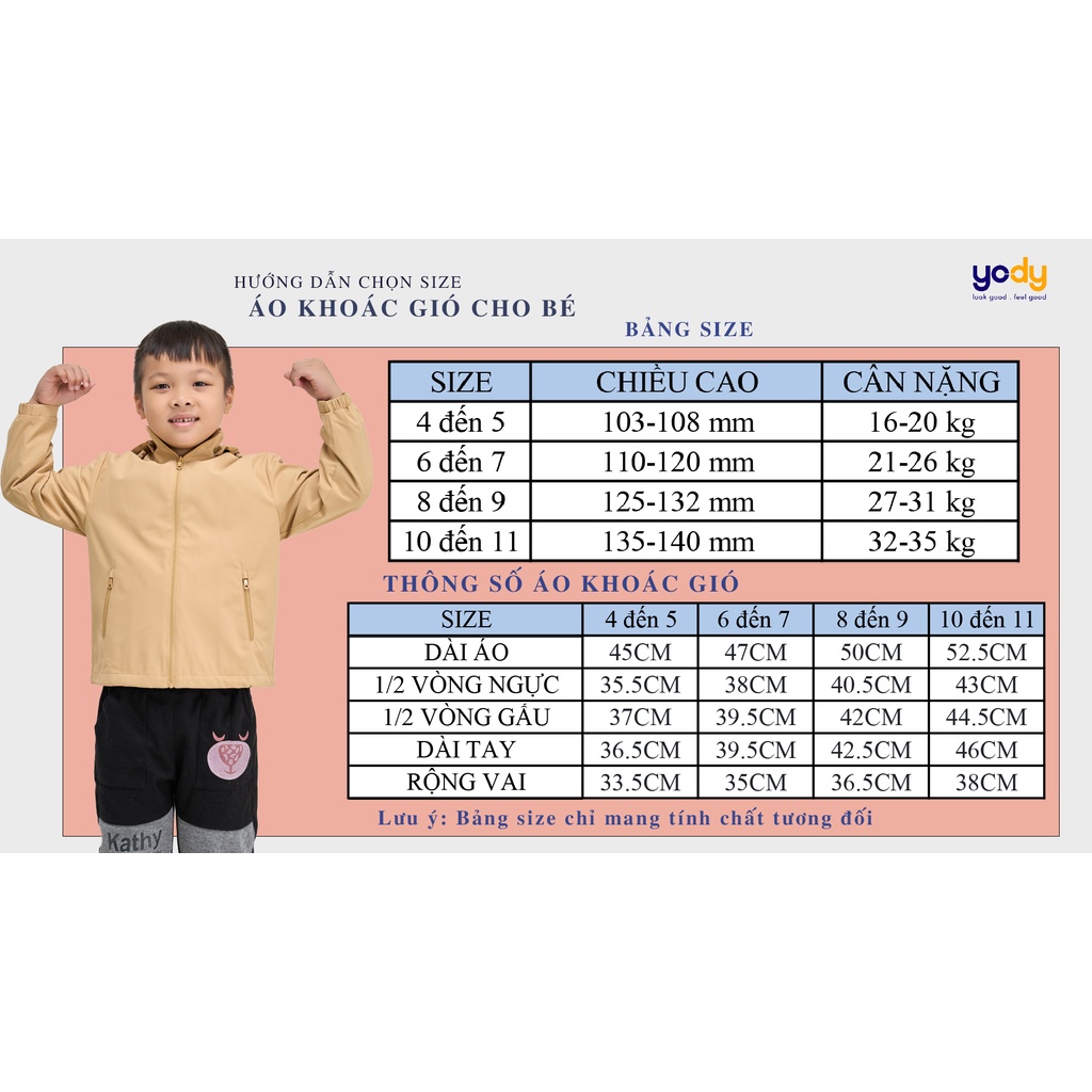 Áo Khoác Gió Kid YODY Thể Thao Phối Lưng Có Mũ Hai Lớp Chống Bụi Trượt Nước Ấm Áp An Toàn AKK4688