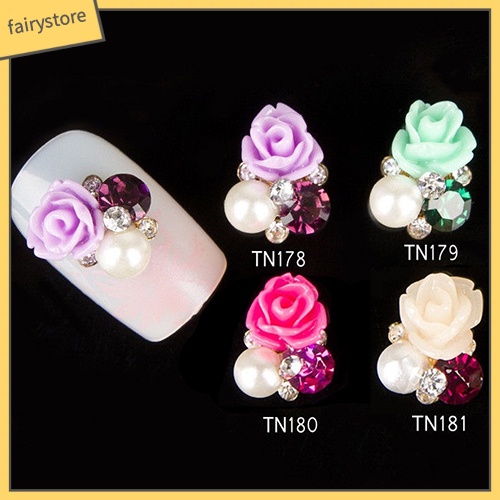 FS_10 Pcs 3D Rose Flower Nail Art Stickers Tips Studs Rhinestone Nail Decor Jewelry