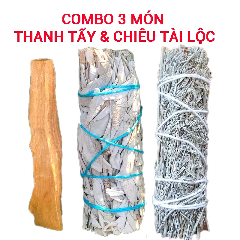 SÉT 3 MÓN THANH TẨY CHIÊU TÀI (Các loại xô thơm 10cm Xô thơm xanh /xô thơm trắng / Hương thảo / bách xù /palo santo