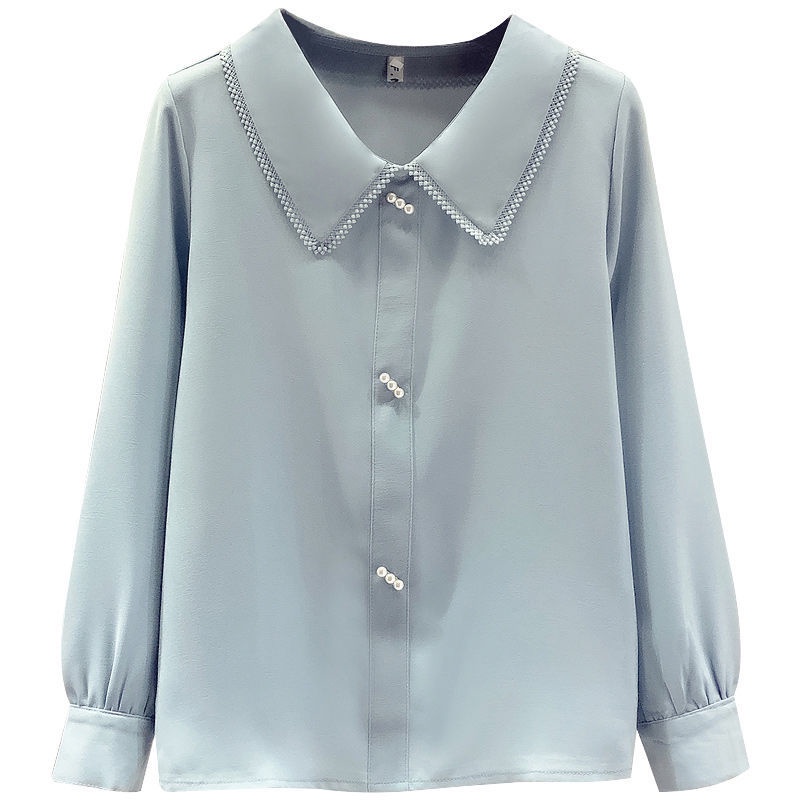 Áo Sơ Mi Chiffon Tay Dài Cổ Búp Bê Phối Ren Màu Xanh Dương Phong Cách Phương Tây Thời Trang Xuân Thu