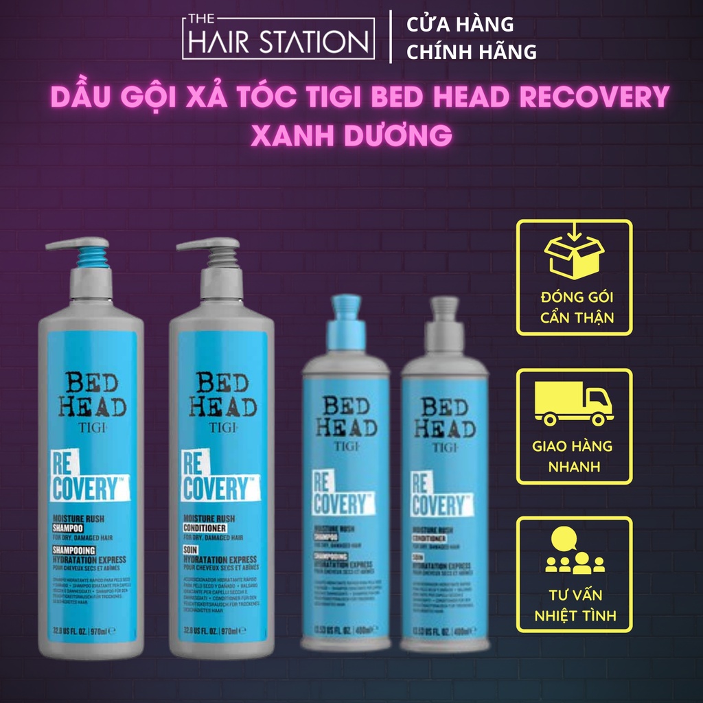 Dầu gội xả Tigi xanh dương Bed Head Recovery cấp ẩm, mềm mượt dành cho tóc khô xơ 970ml
