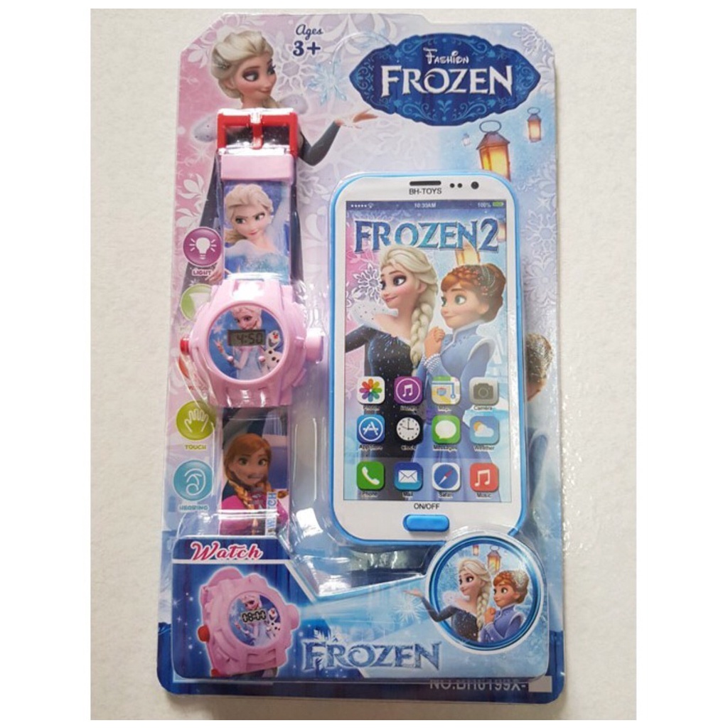 Đồng hồ đeo tay và điện thoại phát nhạc Elsa, các nhân vật hoạt hình - Set đồ chơi cho bé - Time365