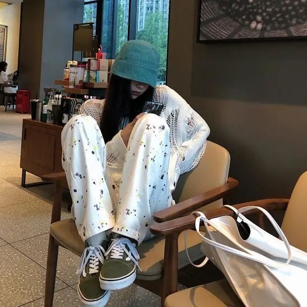 Jiashucheng Quần Denim Lưng Cao Dáng Suông Rộng In Họa Tiết Màu Nhuộm Graffiti Cá Tính