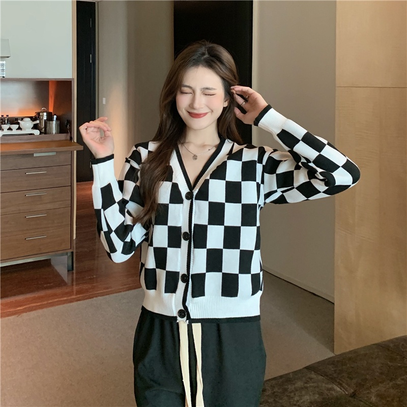 Áo Khoác cardigan Cổ Chữ V Dáng Rộng Họa Tiết Caro Thời Trang Thu Đông Phong Cách vintage Mới