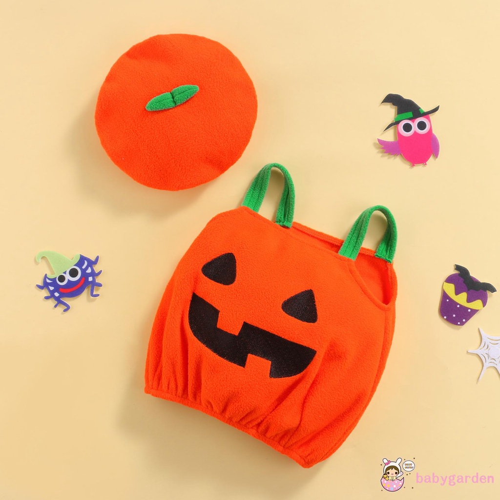 Set áo cổ yếm + quần dài + nón họa tiết bí ngô hoạt hình Halloween cho bé