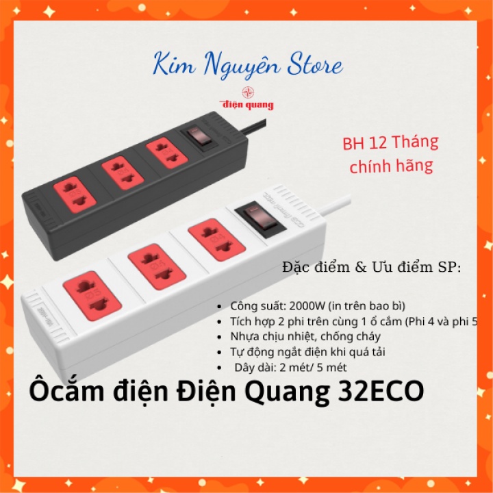 Ổ cắm điện Điện Quang, 3 lỗ 2 chấu, có dây 2 mét và 5 mét