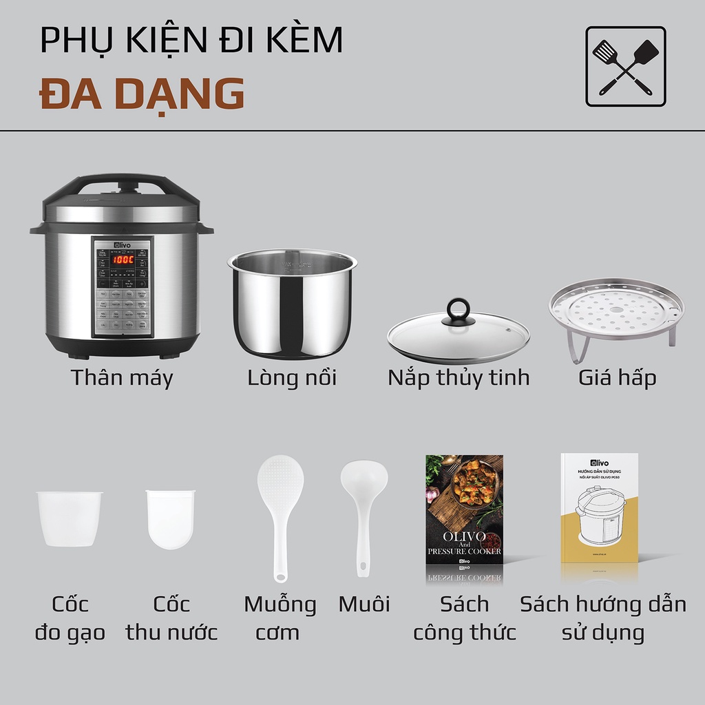Nồi Áp Suất Điện Đa Năng OLIVO PC60 - 16 Chức Năng - Dung Tích 6L - Công Suất 1000W - Livo Making Life Easier