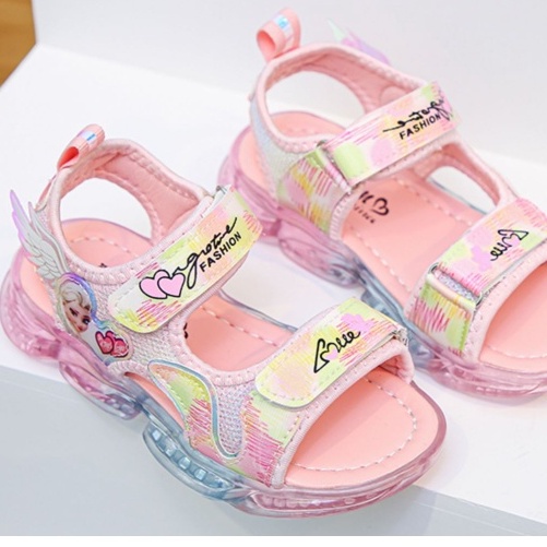 Giày sandal bé gái 2-8 tuổi hình công chúa elsa,  sandal đi học có đèn led màu hồng cho bé