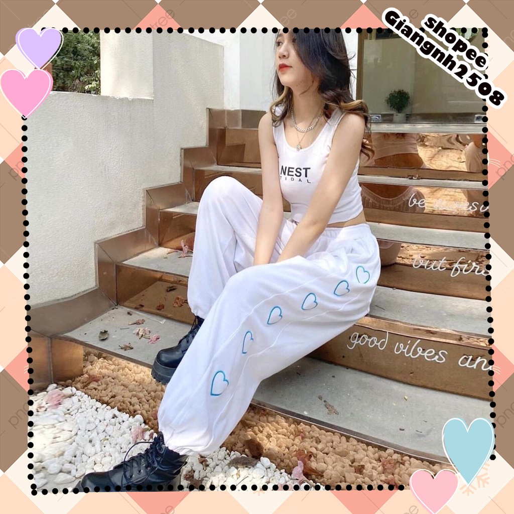 Q011 Quần Jogger đen trắng ưng cao dọc tim cỡ rộng unisex, Quần dài ống bom dây rút nam nữ thể thao cá tính hè thu đông