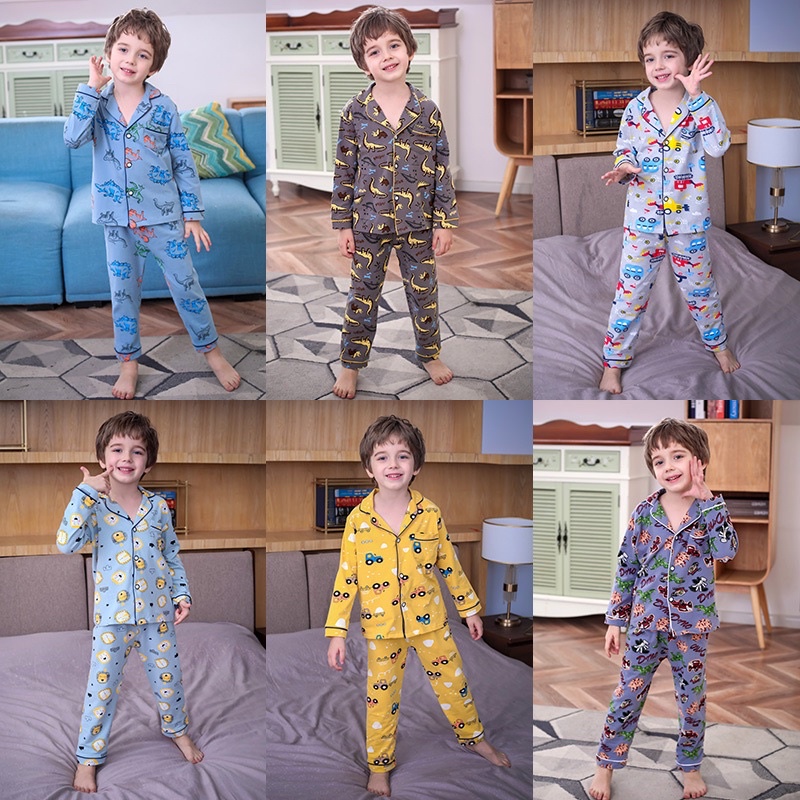 Pijama bé trai dài tay cotton co giãn quần áo em bé có cúc khủng long ô tô bộ ngủ mặc nhà