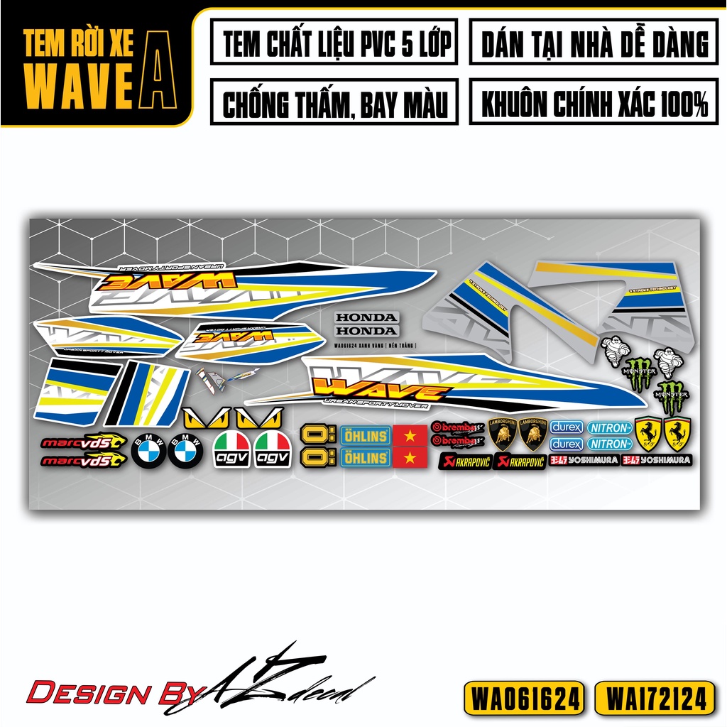 Decal Rời Dán Wave Alpha Thiết Kế Cách Điệu | WA24 | Tem Chế Xe Máy Wave A 110 100 Chống Nước Bền Màu