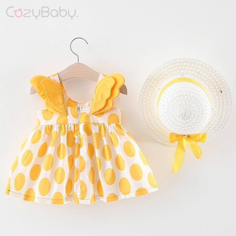 Đầm Sát Nách Chấm Bi Gắn Cánh 3D Và Nón Xinh Xắn Cho Bé Gái