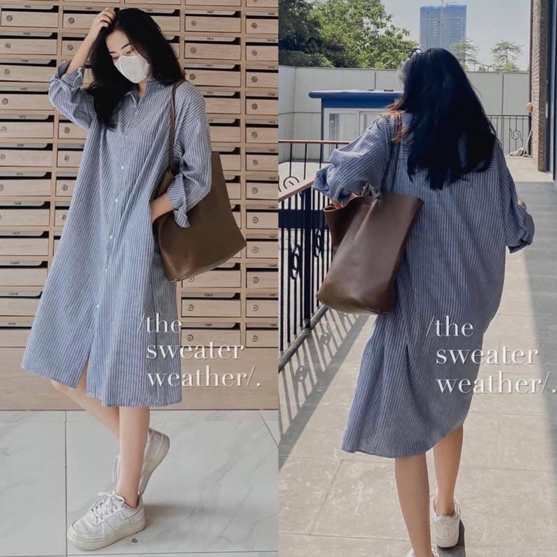 [Ảnh thật/Video]Váy kẻ dáng suông dài tay kèm đai mặc được hai kiểu Đầm kẻ basic Hàn Quốc