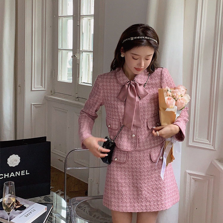 Bộ Áo Khoác Vest + Chân Váy Chữ A Họa Tiết Kẻ Sọc Màu Hồng Kiểu Pháp Thời Trang Mùa Thu Cho Nữ | BigBuy360 - bigbuy360.vn