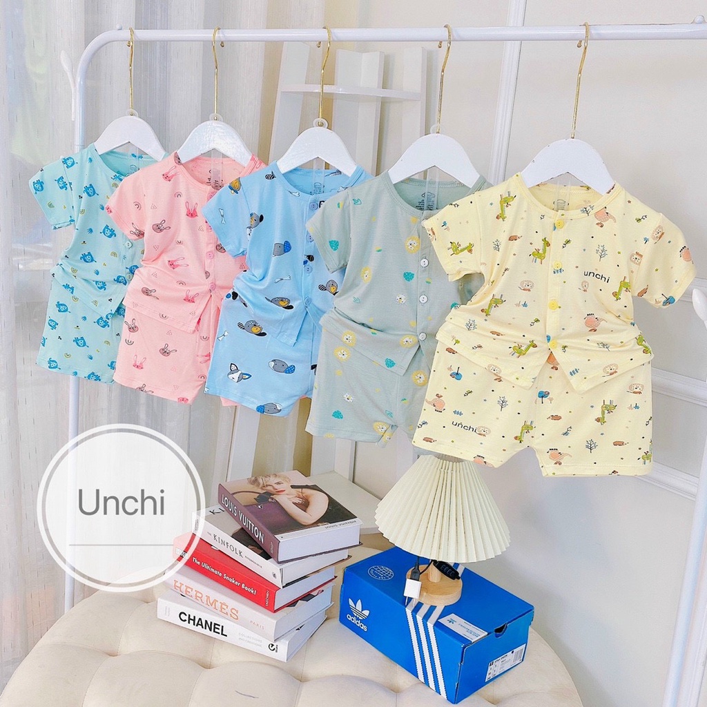 Bộ cộc tay Unchi CÚC GIỮA chất peptit nền màu họa tiết động vật cho bé trai bé gái Namkidshop (QATE447)