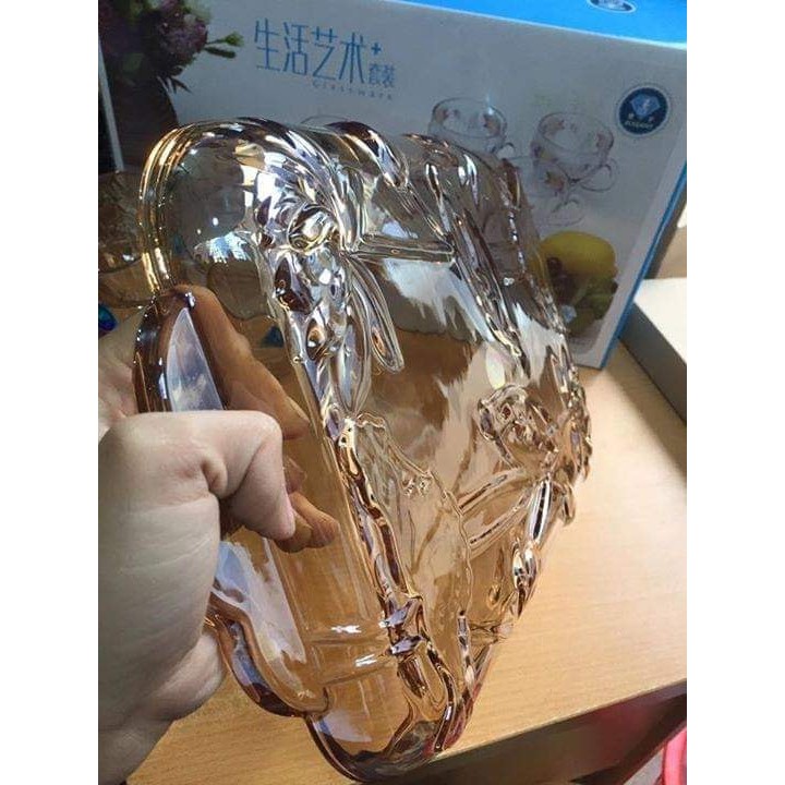 Bộ cốc thủy tinh uống nước kèm khay cao cấp, bộ ly thủy tinh có quai cầm siêu dày dặn sang trọng chịu nhiệt tốt