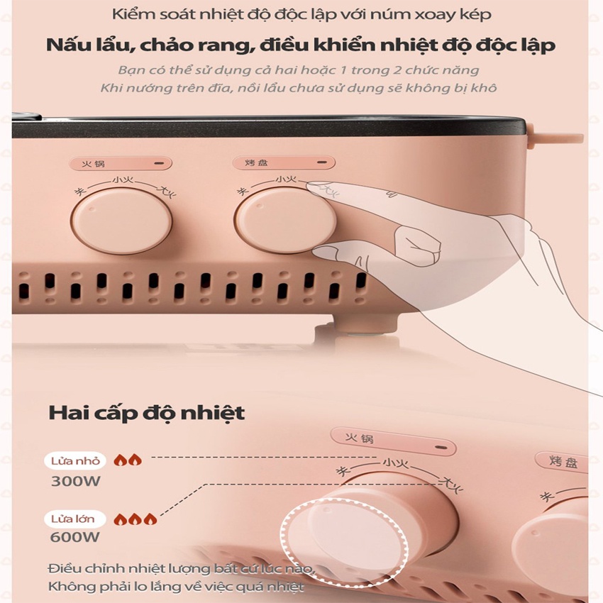 Nồi lẩu nướng mini Bear, bếp lẩu nướng 2 in 1, dung tích 1.5L 1200W, chống dính cao cấp – Hàng chính hãng BH 18 tháng