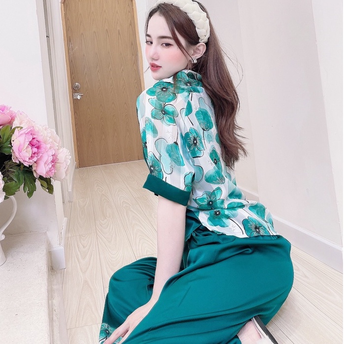 Đồ bộ mặc nhà bigsize dễ thương, đồ ngủ nữ lụa dài cộc tay phối voan họa tiết xinh xắn - yenbeauty đồ mặc nhà cao cấp