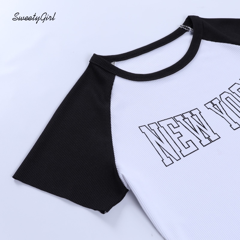 Áo Croptop Tay Ngắn Cổ Tròn In Chữ Phối Màu Tương Phản Thời Trang Cho Nữ