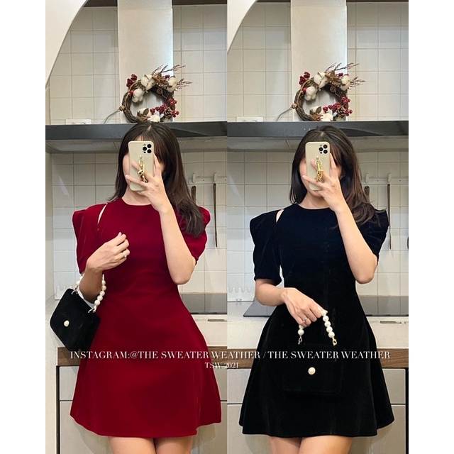 (Ảnh thật) Váy nhung chữ A tay bồng cut out the.sweaterweather TSW | BigBuy360 - bigbuy360.vn